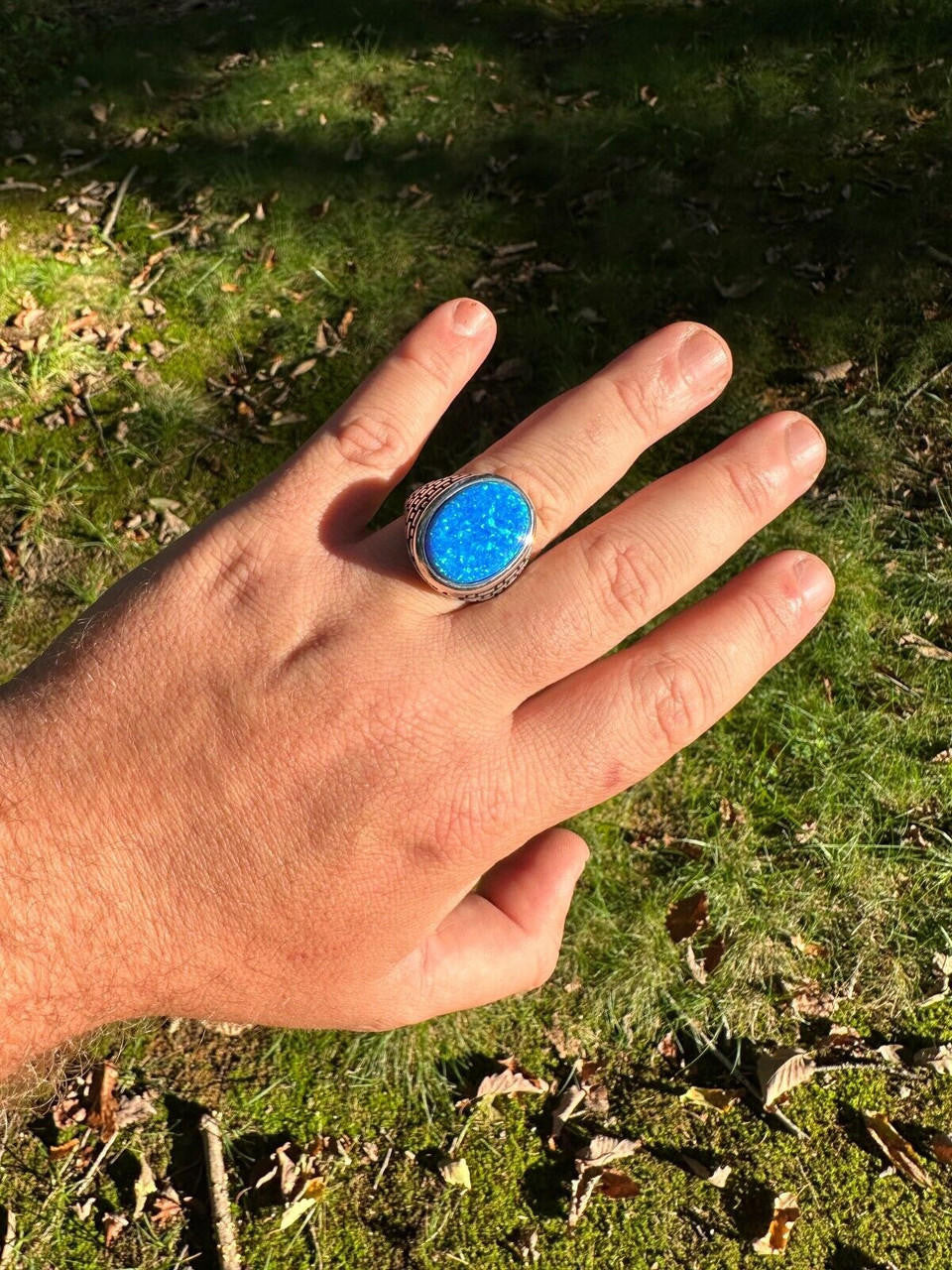 HarlemBling Real 925 Sterling Silver Lab Created Fire Blue Opal Gem Stone Ring Large Mens