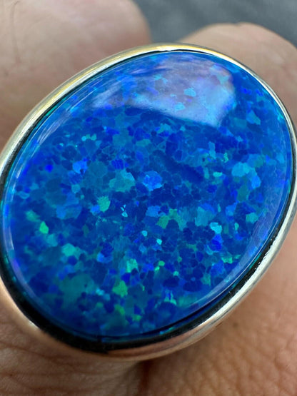 HarlemBling Real 925 Sterling Silver Lab Created Fire Blue Opal Gem Stone Ring Large Mens