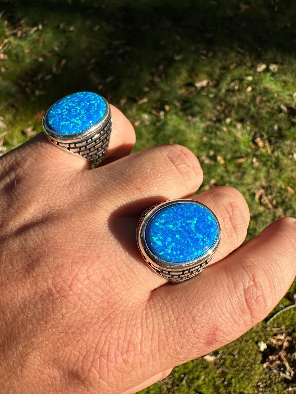 HarlemBling Real 925 Sterling Silver Lab Created Fire Blue Opal Gem Stone Ring Large Mens