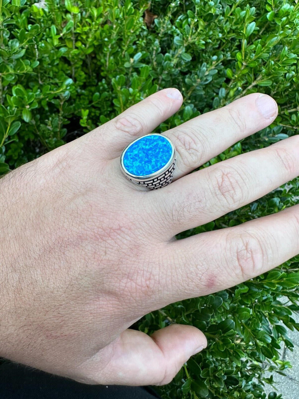 HarlemBling Real 925 Sterling Silver Lab Created Fire Blue Opal Gem Stone Ring Large Mens