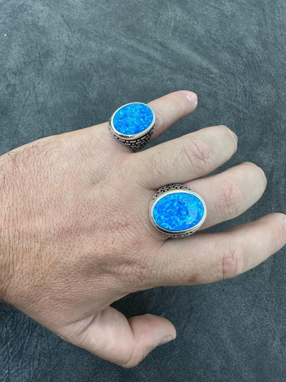 HarlemBling Real 925 Sterling Silver Lab Created Fire Blue Opal Gem Stone Ring Large Mens