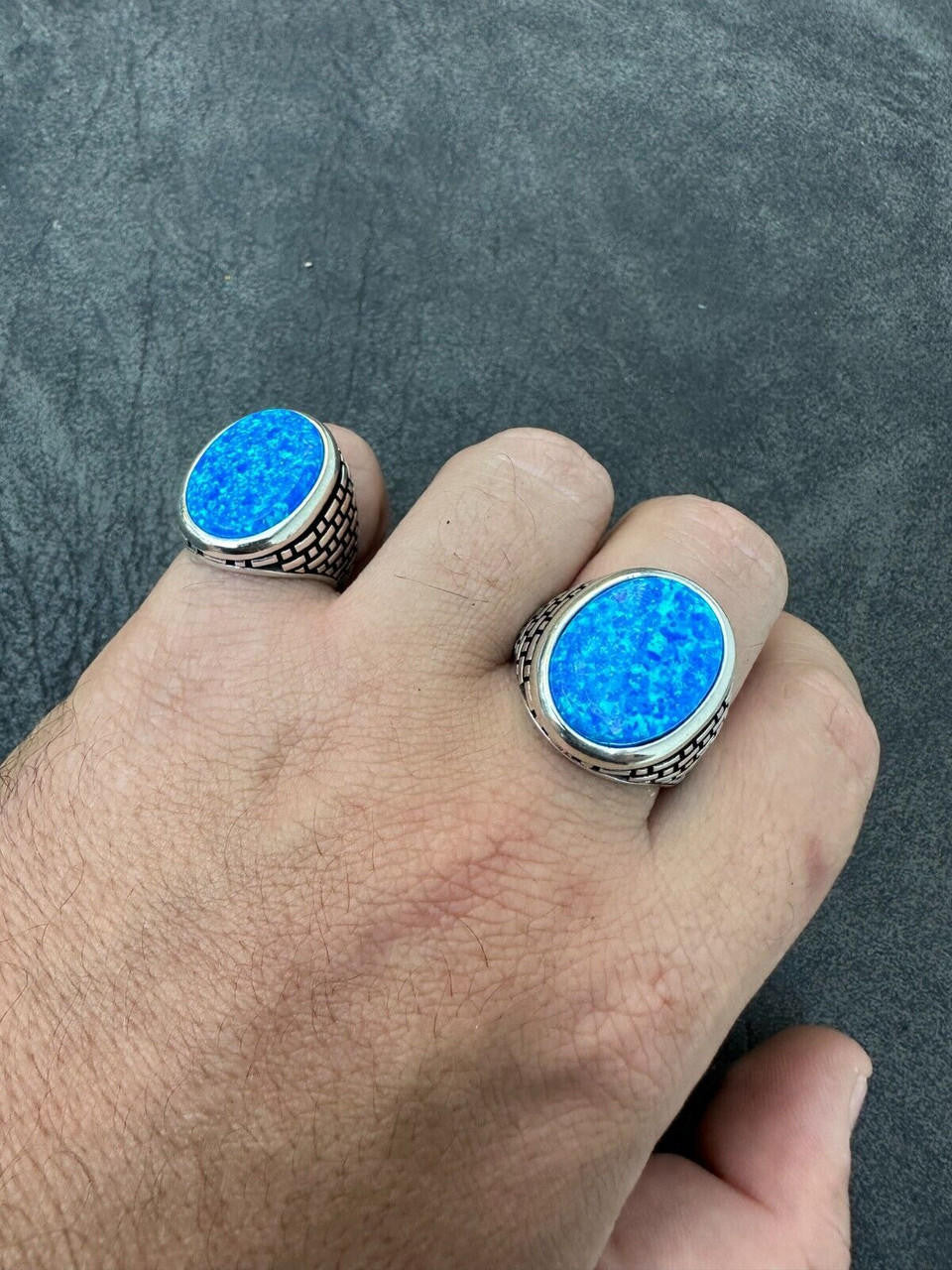 HarlemBling Real 925 Sterling Silver Lab Created Fire Blue Opal Gem Stone Ring Large Mens