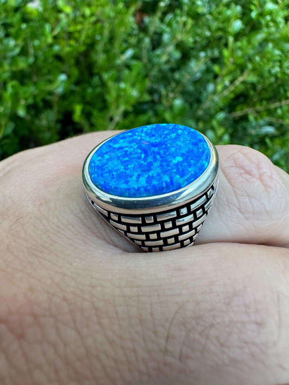 HarlemBling Real 925 Sterling Silver Lab Created Fire Blue Opal Gem Stone Ring Large Mens