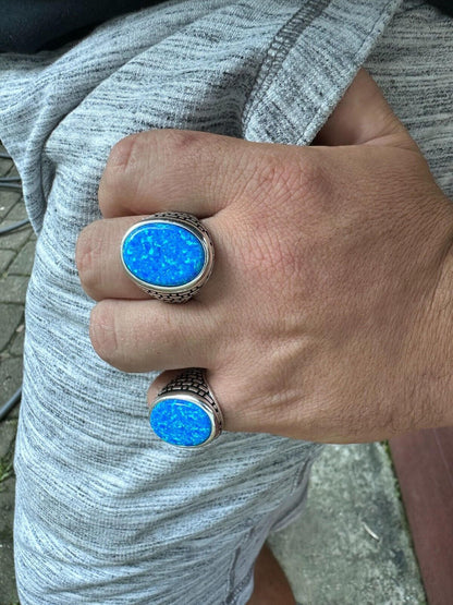 HarlemBling Real 925 Sterling Silver Lab Created Fire Blue Opal Gem Stone Ring Large Mens