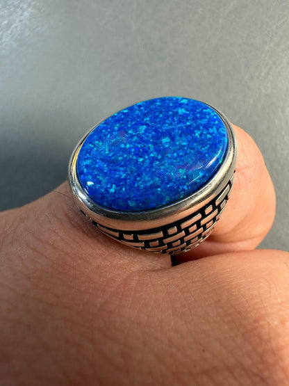 HarlemBling Real 925 Sterling Silver Lab Created Fire Blue Opal Gem Stone Ring Large Mens