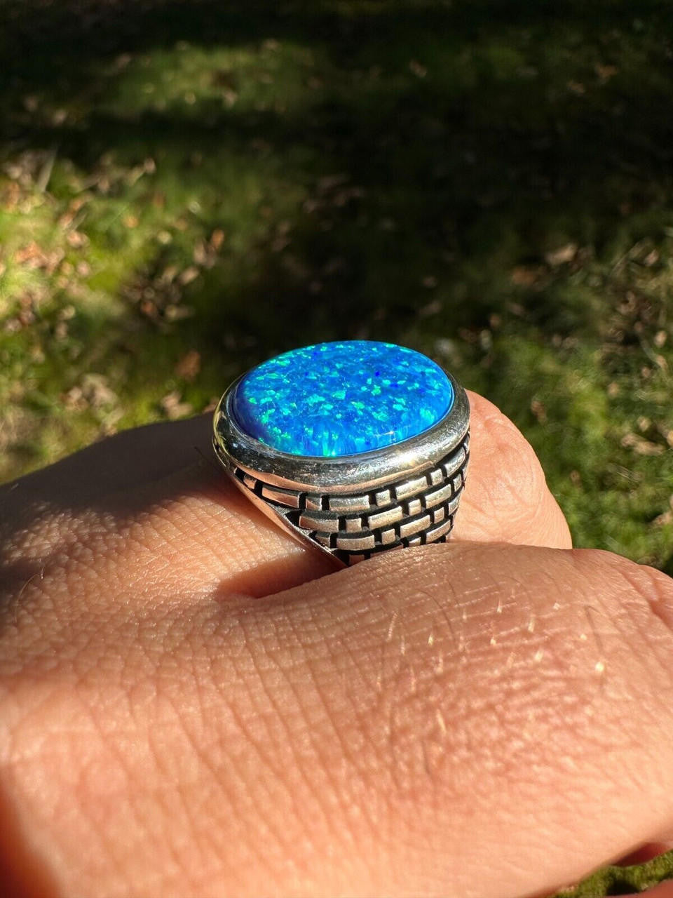 HarlemBling Real 925 Sterling Silver Lab Created Fire Blue Opal Gem Stone Ring Large Mens