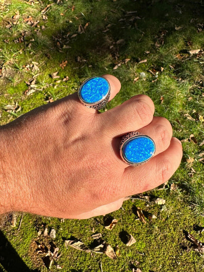 HarlemBling Real 925 Sterling Silver Lab Created Fire Blue Opal Gem Stone Ring Large Mens