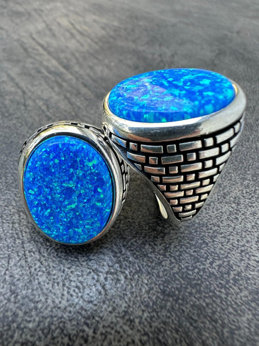HarlemBling Real 925 Sterling Silver Lab Created Fire Blue Opal Gem Stone Ring Large Mens