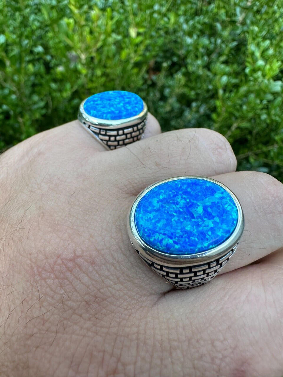 HarlemBling Real 925 Sterling Silver Lab Created Fire Blue Opal Gem Stone Ring Large Mens