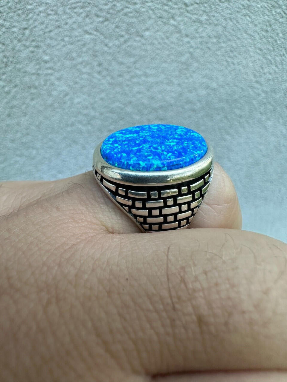 HarlemBling Real 925 Sterling Silver Lab Created Fire Blue Opal Gem Stone Ring Large Mens