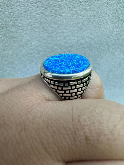 HarlemBling Real 925 Sterling Silver Lab Created Fire Blue Opal Gem Stone Ring Large Mens