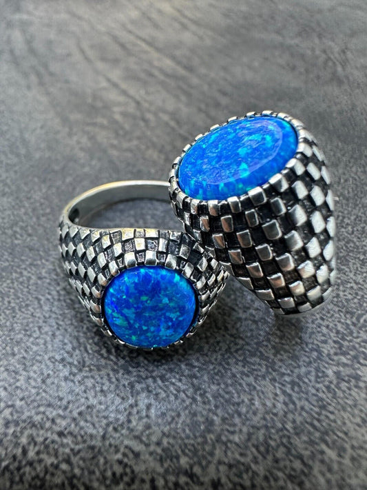 HarlemBling Real 925 Sterling Silver Lab Created Fire Blue Opal Gem Stone Ring Mens Ladies