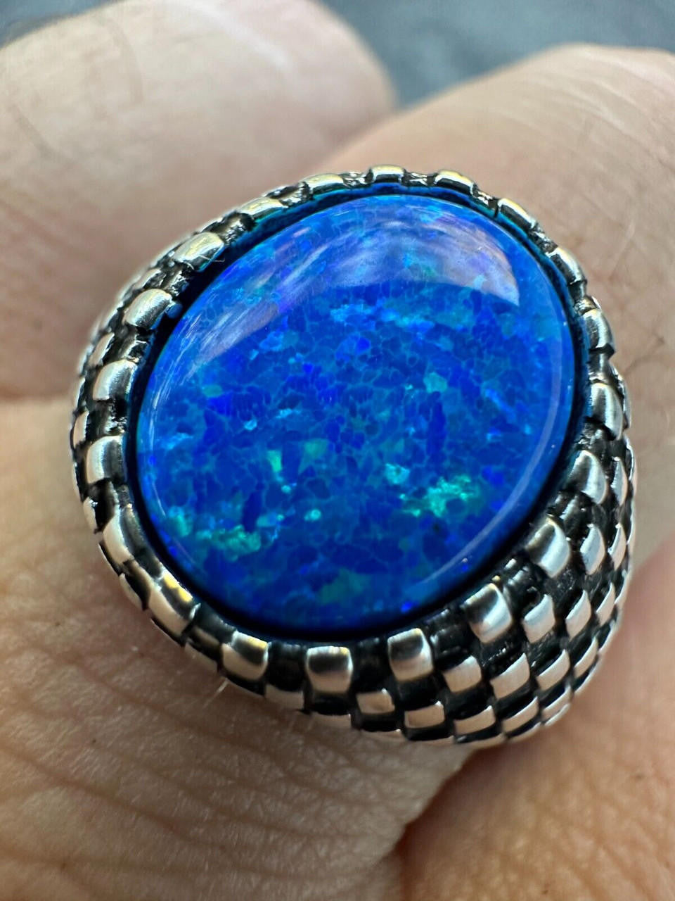 HarlemBling Real 925 Sterling Silver Lab Created Fire Blue Opal Gem Stone Ring Mens Ladies