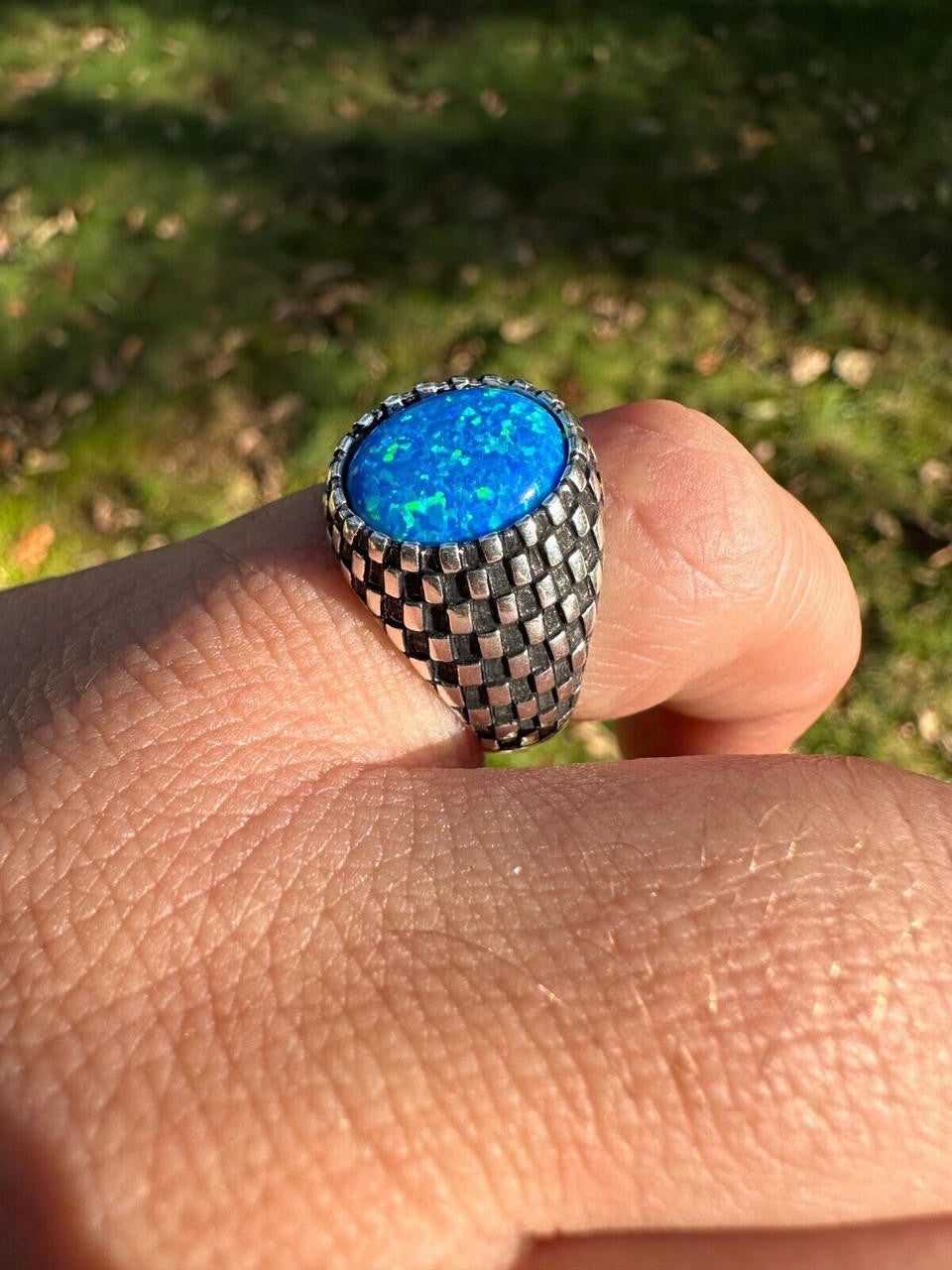 HarlemBling Real 925 Sterling Silver Lab Created Fire Blue Opal Gem Stone Ring Mens Ladies