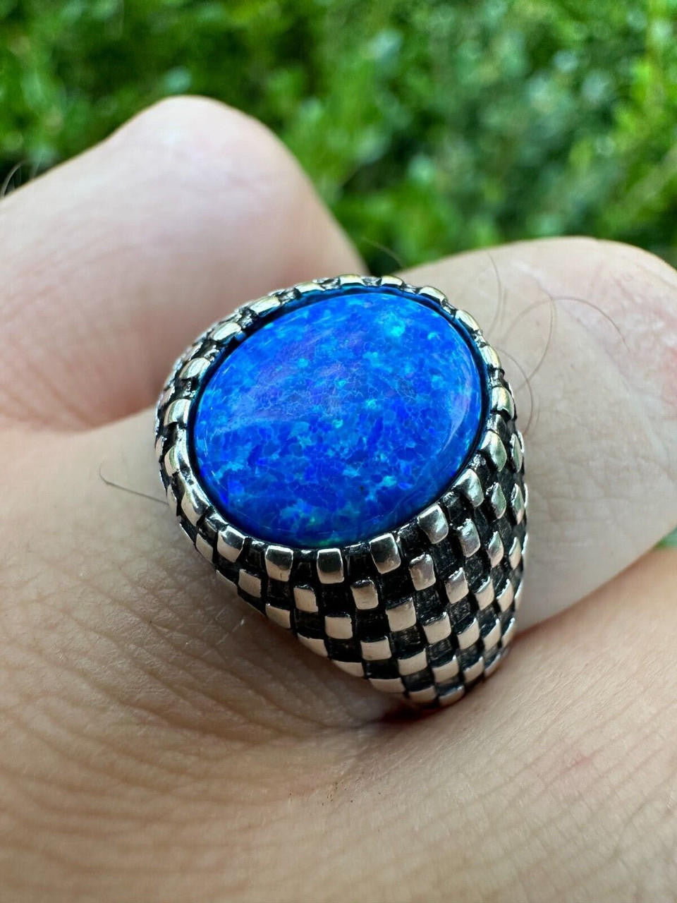 HarlemBling Real 925 Sterling Silver Lab Created Fire Blue Opal Gem Stone Ring Mens Ladies