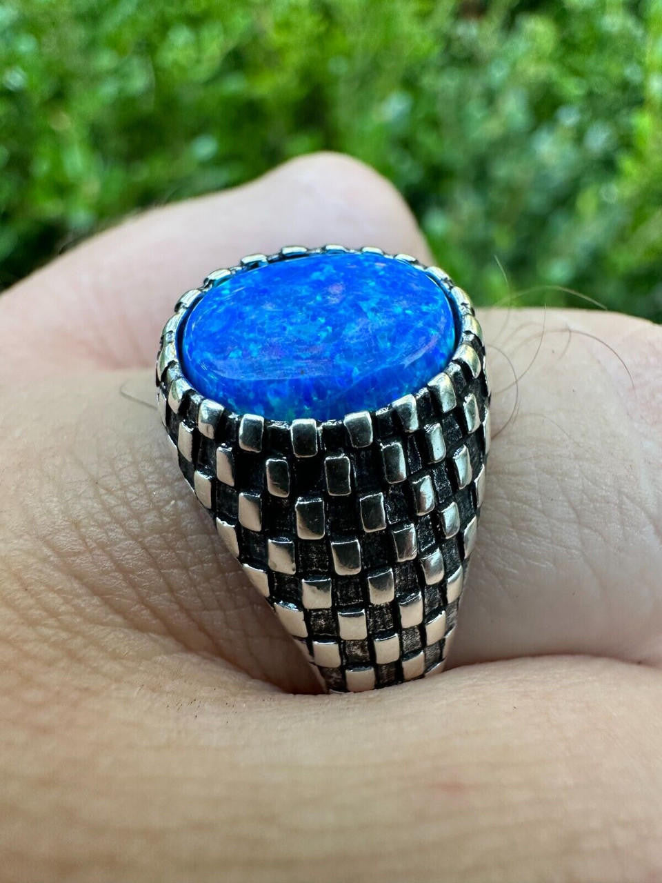 HarlemBling Real 925 Sterling Silver Lab Created Fire Blue Opal Gem Stone Ring Mens Ladies