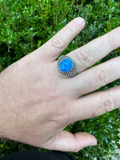 HarlemBling Real 925 Sterling Silver Lab Created Fire Blue Opal Gem Stone Ring Mens Ladies