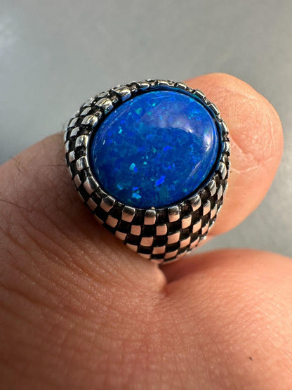 HarlemBling Real 925 Sterling Silver Lab Created Fire Blue Opal Gem Stone Ring Mens Ladies