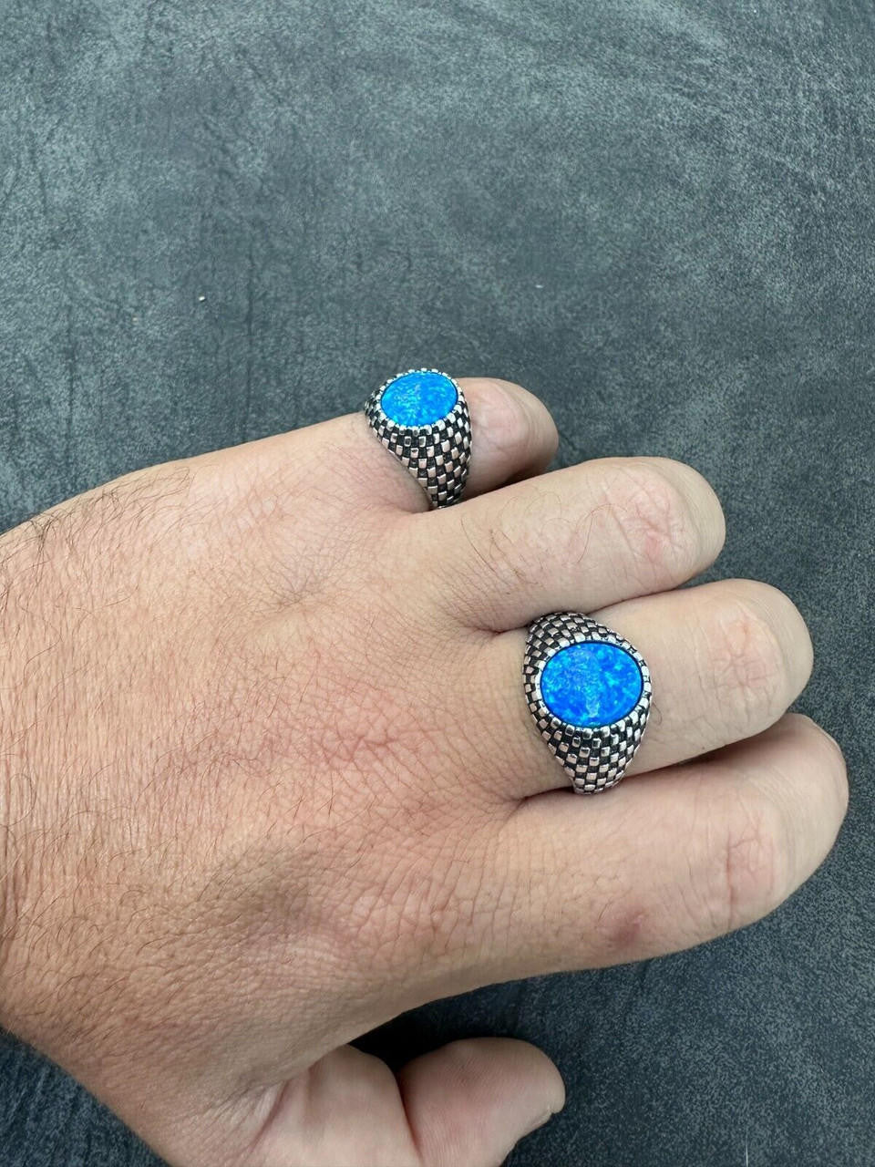 HarlemBling Real 925 Sterling Silver Lab Created Fire Blue Opal Gem Stone Ring Mens Ladies