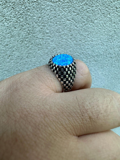 HarlemBling Real 925 Sterling Silver Lab Created Fire Blue Opal Gem Stone Ring Mens Ladies