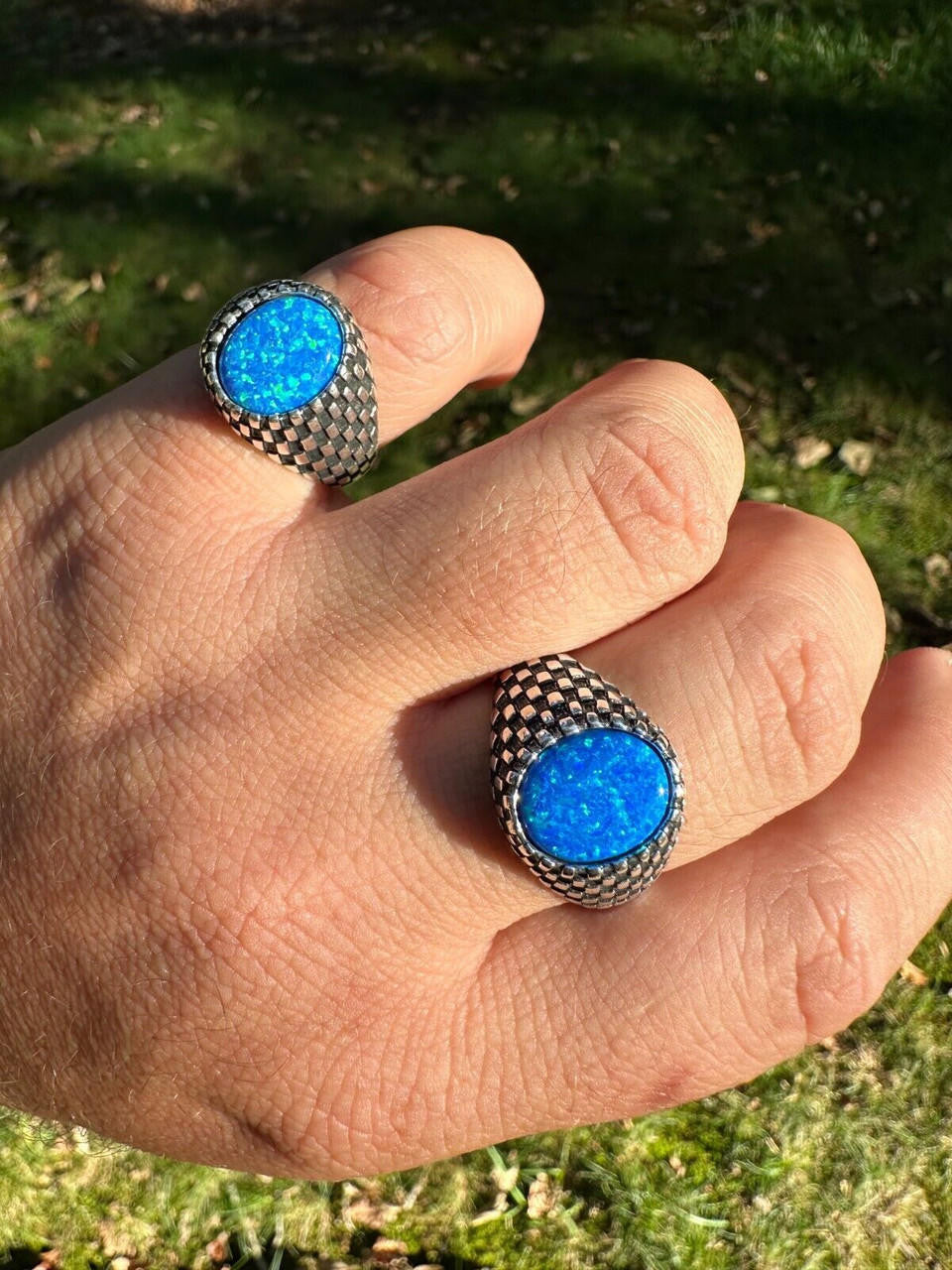 HarlemBling Real 925 Sterling Silver Lab Created Fire Blue Opal Gem Stone Ring Mens Ladies