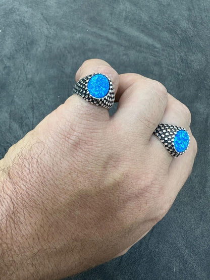 HarlemBling Real 925 Sterling Silver Lab Created Fire Blue Opal Gem Stone Ring Mens Ladies