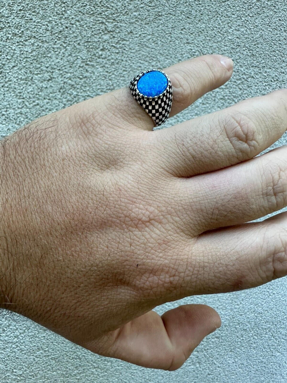 HarlemBling Real 925 Sterling Silver Lab Created Fire Blue Opal Gem Stone Ring Mens Ladies