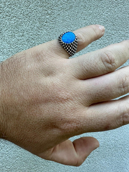 HarlemBling Real 925 Sterling Silver Lab Created Fire Blue Opal Gem Stone Ring Mens Ladies