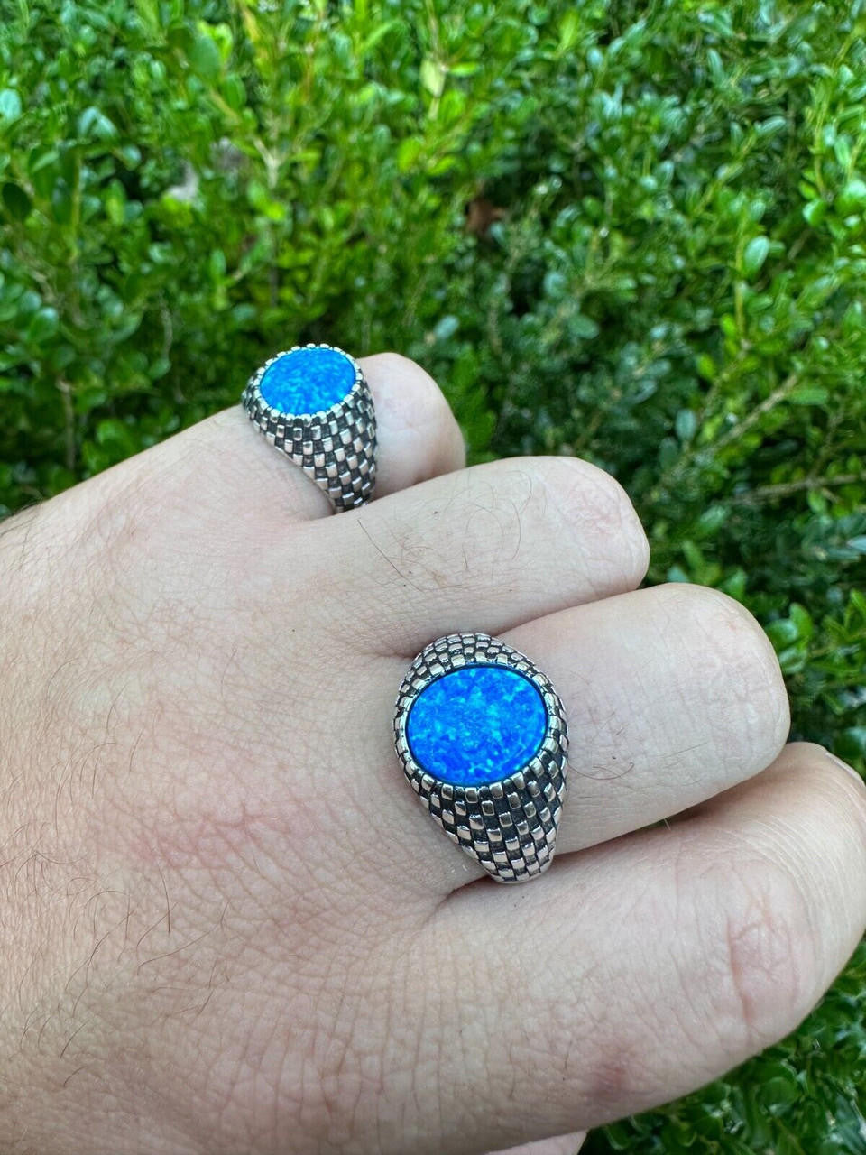 HarlemBling Real 925 Sterling Silver Lab Created Fire Blue Opal Gem Stone Ring Mens Ladies