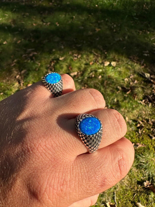 HarlemBling Real 925 Sterling Silver Lab Created Fire Blue Opal Gem Stone Ring Mens Ladies