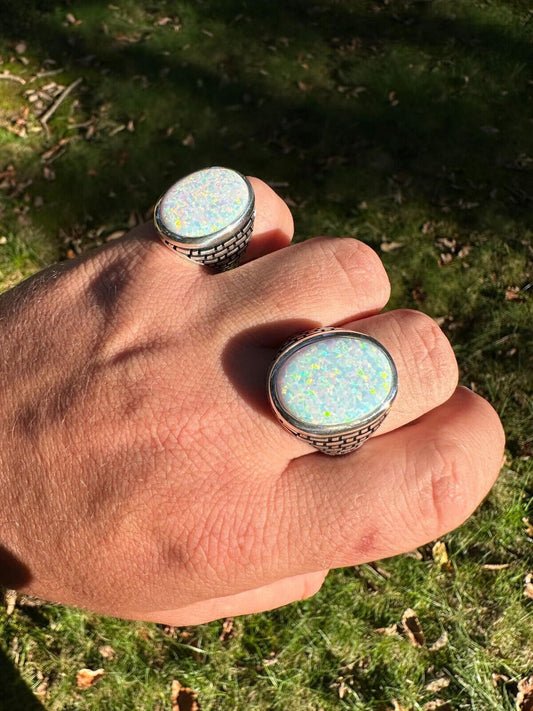 HarlemBling Real 925 Sterling Silver Lab Created White Fire Opal Gem Stone Ring Large Mens