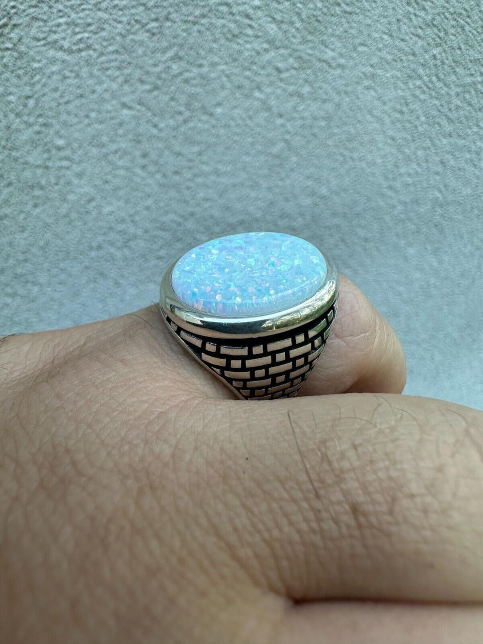 HarlemBling Real 925 Sterling Silver Lab Created White Fire Opal Gem Stone Ring Large Mens