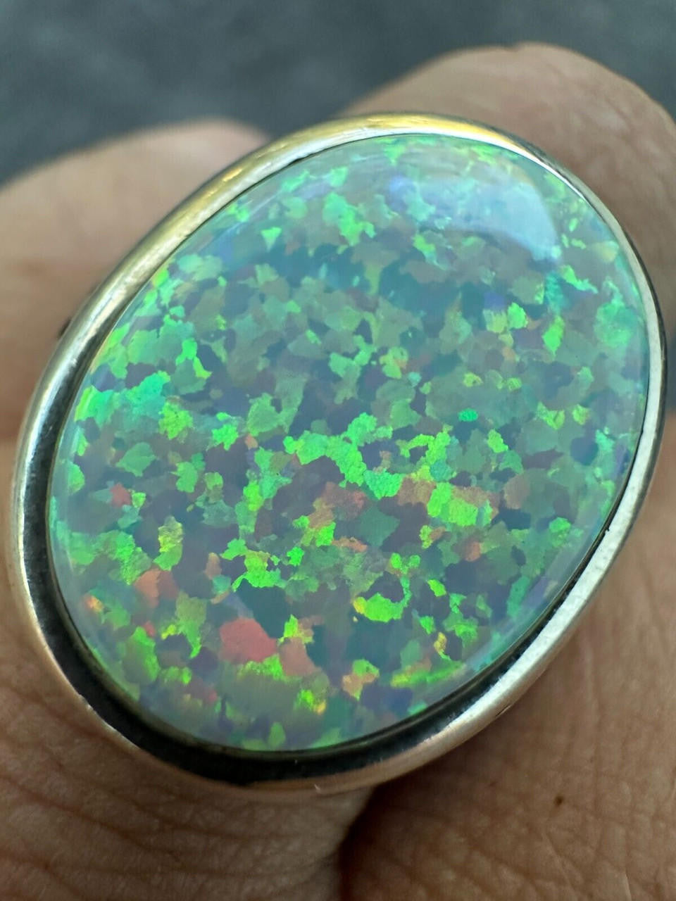 HarlemBling Real 925 Sterling Silver Lab Created White Fire Opal Gem Stone Ring Large Mens