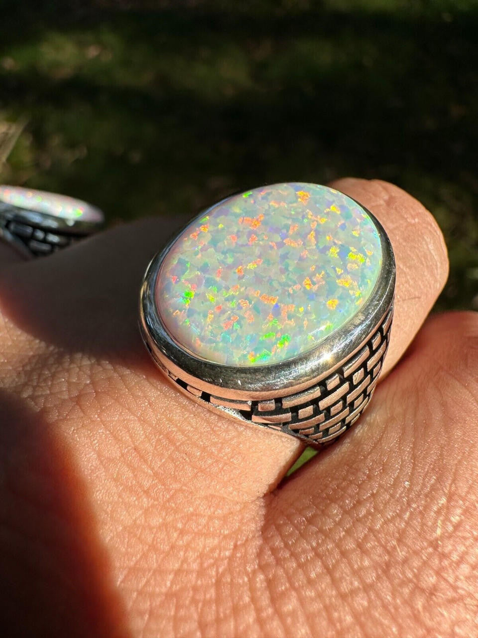 HarlemBling Real 925 Sterling Silver Lab Created White Fire Opal Gem Stone Ring Large Mens