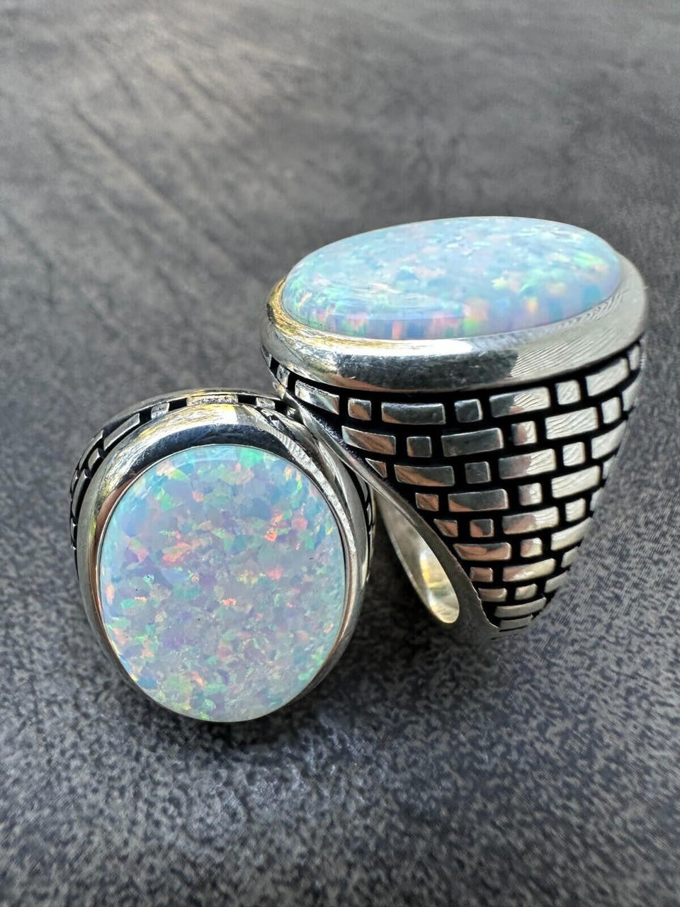 HarlemBling Real 925 Sterling Silver Lab Created White Fire Opal Gem Stone Ring Large Mens