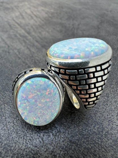 HarlemBling Real 925 Sterling Silver Lab Created White Fire Opal Gem Stone Ring Large Mens