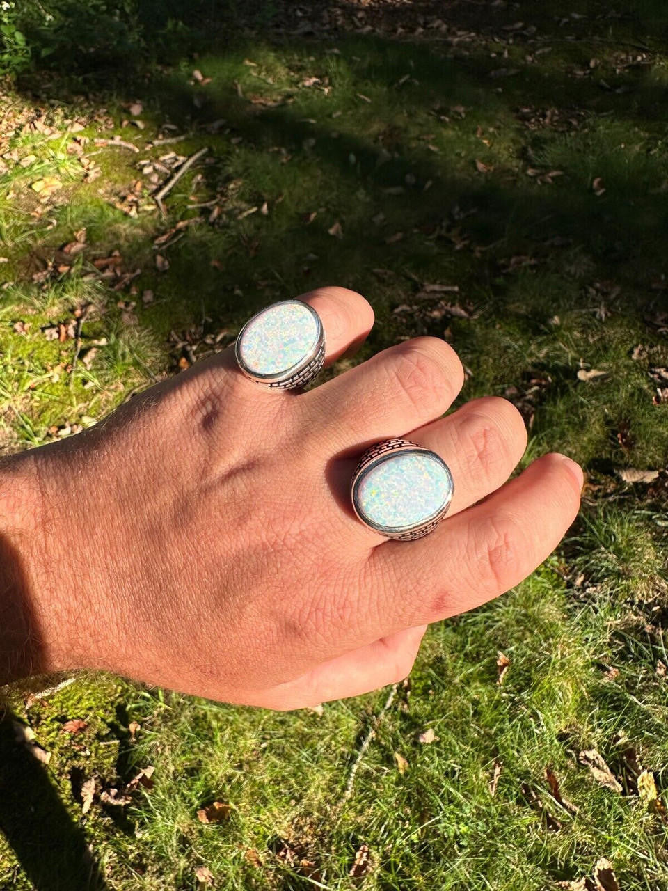 HarlemBling Real 925 Sterling Silver Lab Created White Fire Opal Gem Stone Ring Large Mens