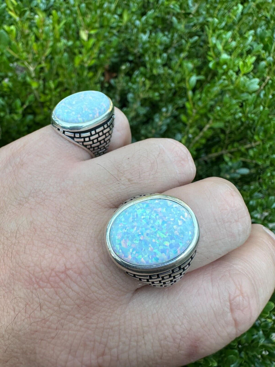 HarlemBling Real 925 Sterling Silver Lab Created White Fire Opal Gem Stone Ring Large Mens