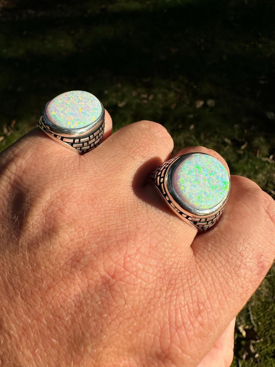 HarlemBling Real 925 Sterling Silver Lab Created White Fire Opal Gem Stone Ring Large Mens