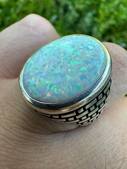 HarlemBling Real 925 Sterling Silver Lab Created White Fire Opal Gem Stone Ring Large Mens