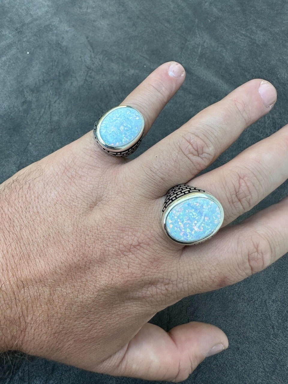 HarlemBling Real 925 Sterling Silver Lab Created White Fire Opal Gem Stone Ring Large Mens