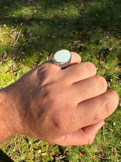 HarlemBling Real 925 Sterling Silver Lab Created White Fire Opal Gem Stone Ring Large Mens