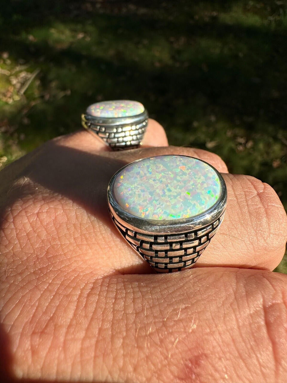 HarlemBling Real 925 Sterling Silver Lab Created White Fire Opal Gem Stone Ring Large Mens