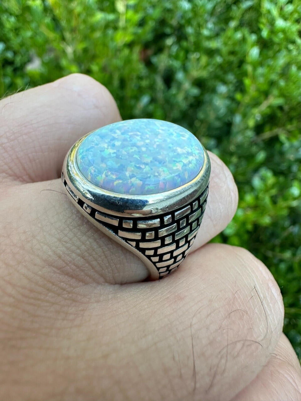 HarlemBling Real 925 Sterling Silver Lab Created White Fire Opal Gem Stone Ring Large Mens