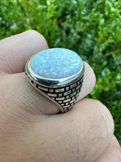 HarlemBling Real 925 Sterling Silver Lab Created White Fire Opal Gem Stone Ring Large Mens