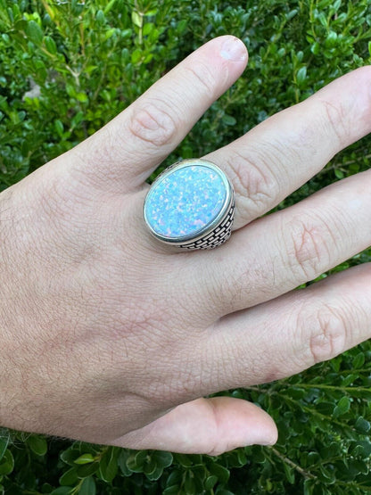HarlemBling Real 925 Sterling Silver Lab Created White Fire Opal Gem Stone Ring Large Mens