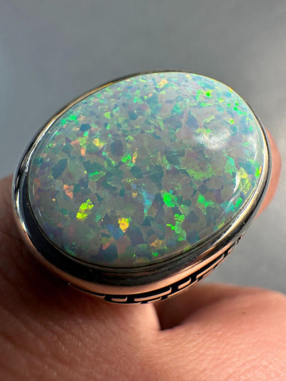 HarlemBling Real 925 Sterling Silver Lab Created White Fire Opal Gem Stone Ring Large Mens