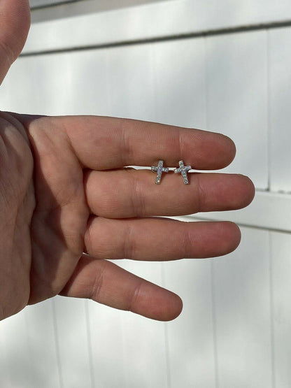 HarlemBling Real 925 Sterling Silver Men Ladies Cross Earrings Screw-back Studs Iced Diamond