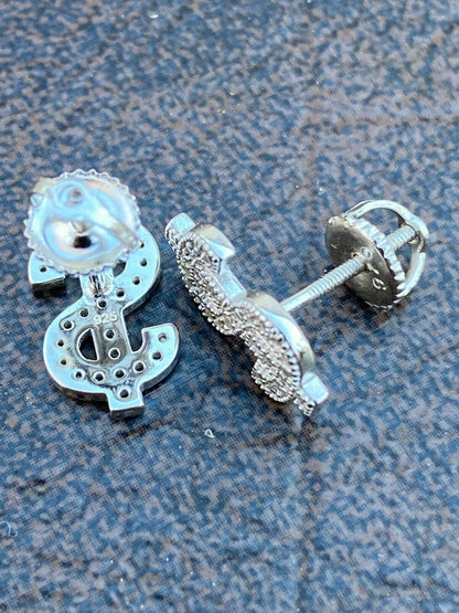 HarlemBling Real 925 Sterling Silver Men Ladies Dollar Sign dollar Money Earrings Studs Diamond