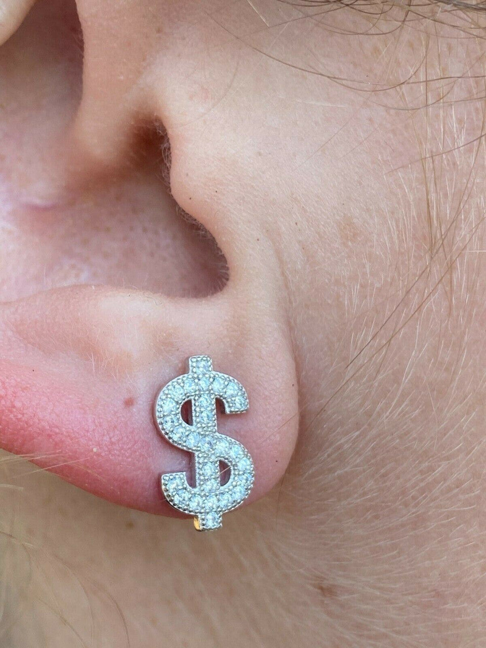 HarlemBling Real 925 Sterling Silver Men Ladies Dollar Sign dollar Money Earrings Studs Diamond